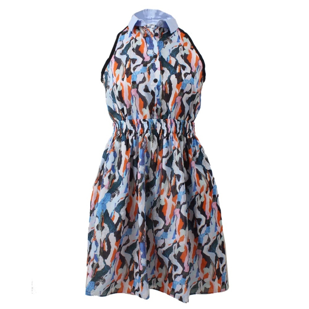 Carven Printed Shirt Dress Womens 42 Small Blue Orange Sleeveless Fit & Flare